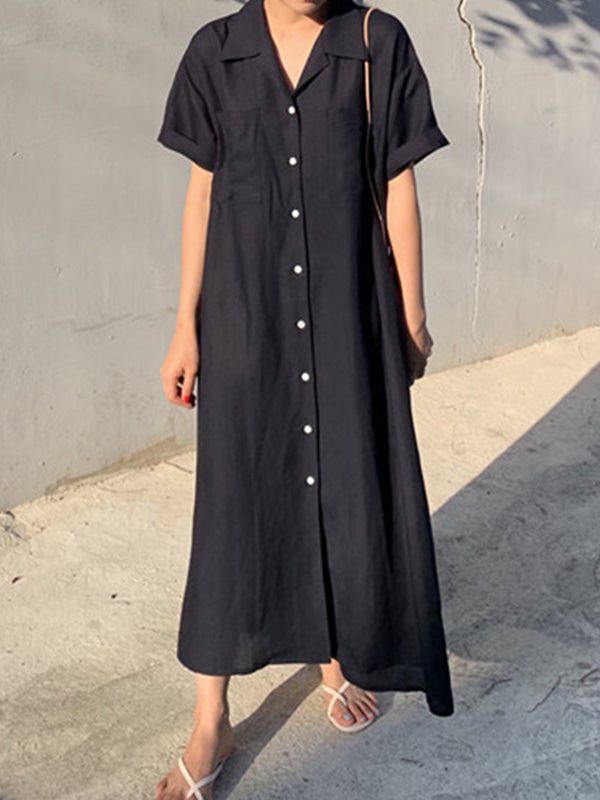 vmtvr - Vintage Solid Color Short Sleeve Loose Casual Midi Dress