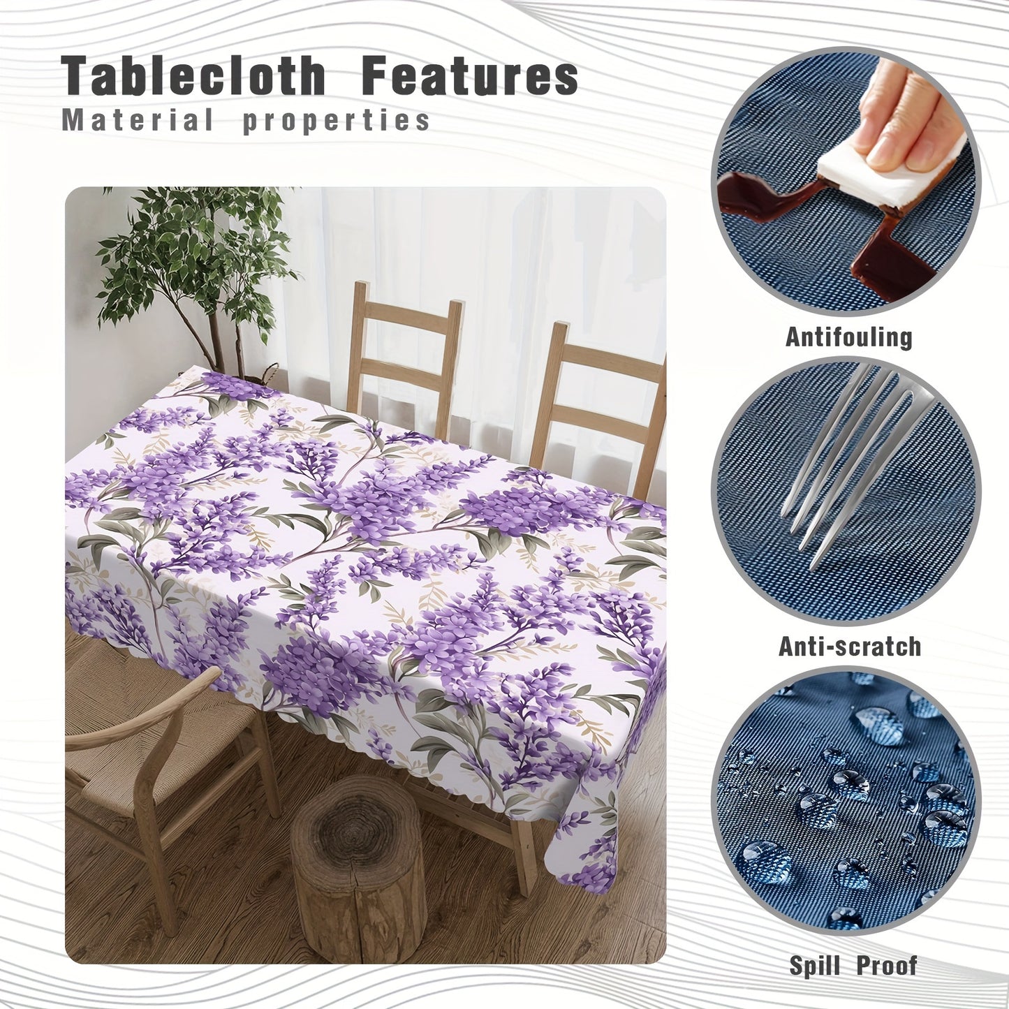 1 Pc Elegant Vintage Floral Tablecloth – Waterproof & Wrinkle-Resistant, Beautiful Lavender Design for Indoor/Outdoor Dining, Perfect for Spring/Summer Parties, Lunches, Dinners, and Easter Celebrations