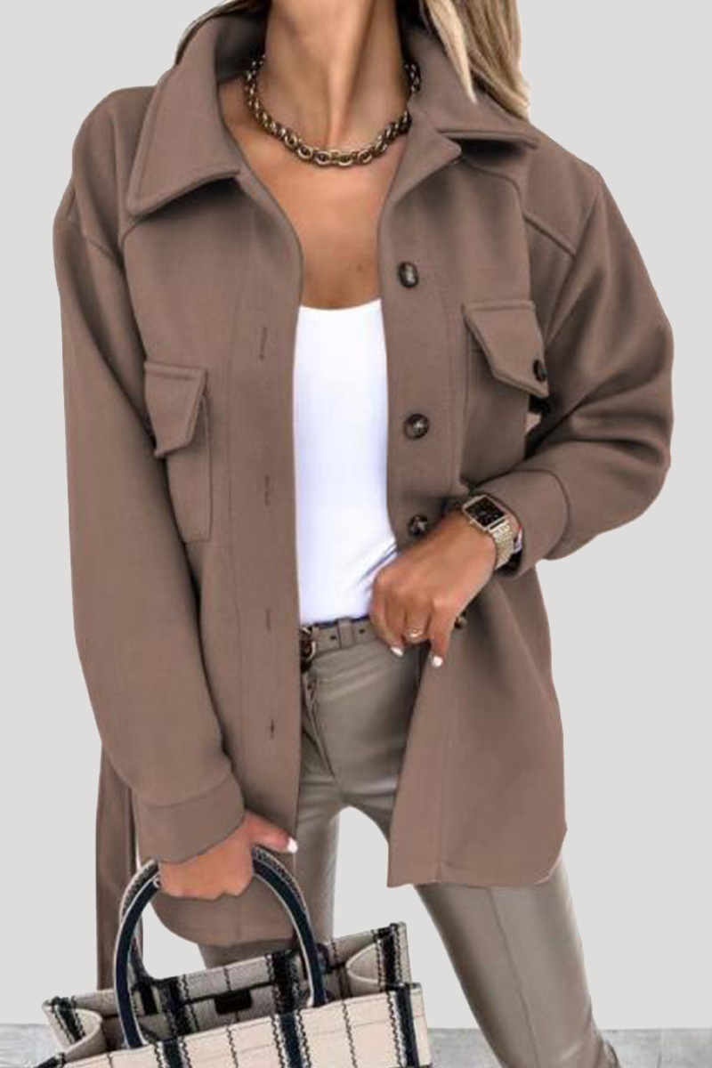 Casual Street Solid Buckle With Belt Turndown Collar Outerwear(8 Colors))