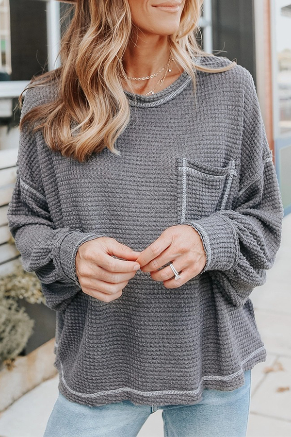 Casual Solid Split Joint Pocket O Neck Tops(6 colors)