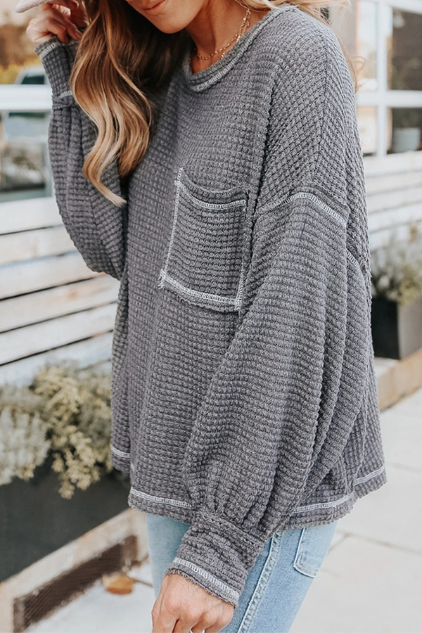 Casual Solid Split Joint Pocket O Neck Tops(6 colors)