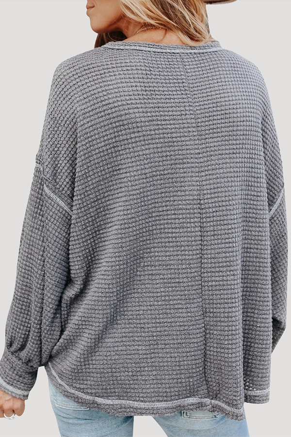 Casual Solid Split Joint Pocket O Neck Tops(6 colors)