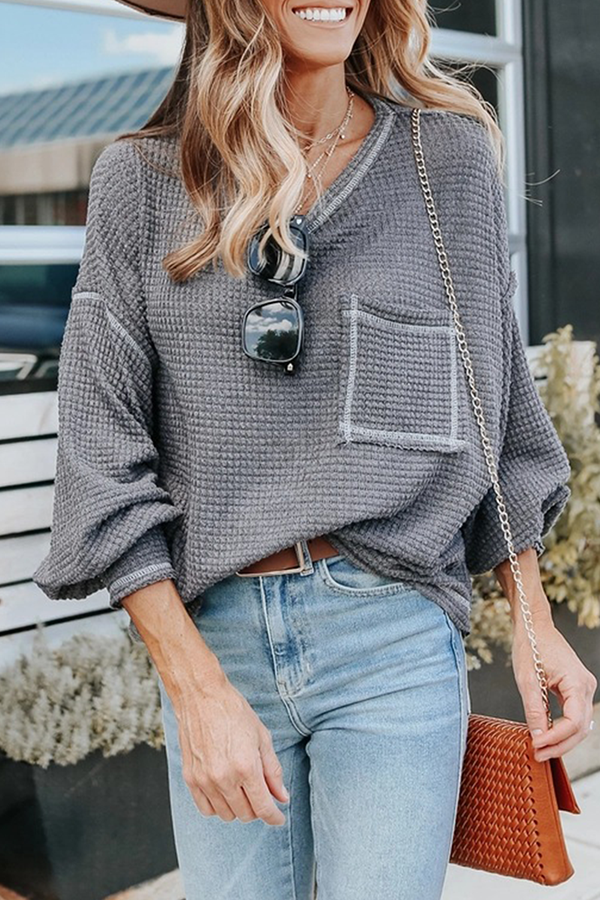 Casual Solid Split Joint Pocket O Neck Tops(6 colors)
