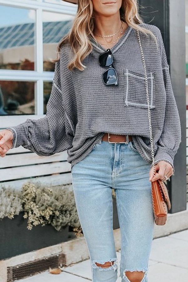Casual Solid Split Joint Pocket O Neck Tops(6 colors)