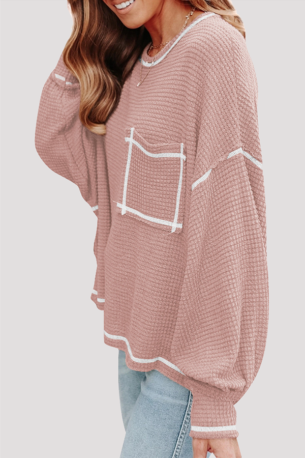 Casual Solid Split Joint Pocket O Neck Tops(6 colors)
