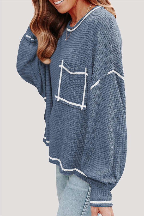 Casual Solid Split Joint Pocket O Neck Tops(6 colors)