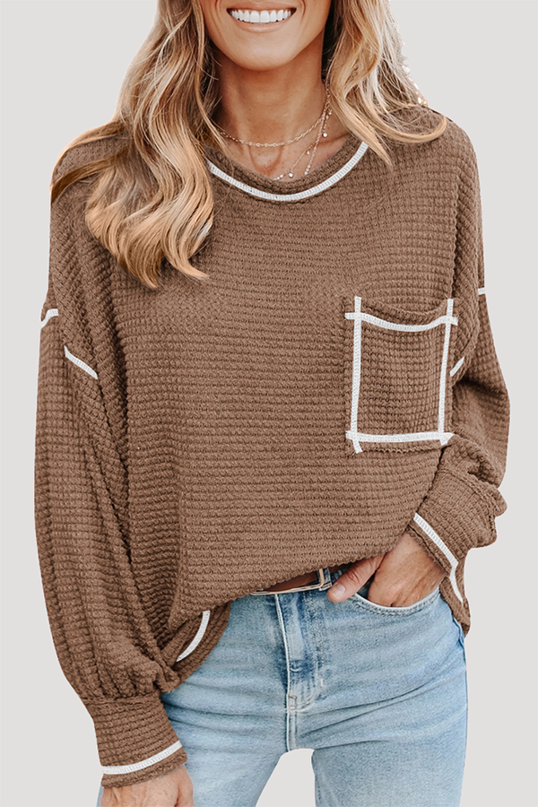 Casual Solid Split Joint Pocket O Neck Tops(6 colors)