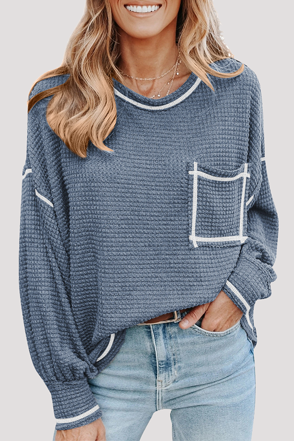 Casual Solid Split Joint Pocket O Neck Tops(6 colors)