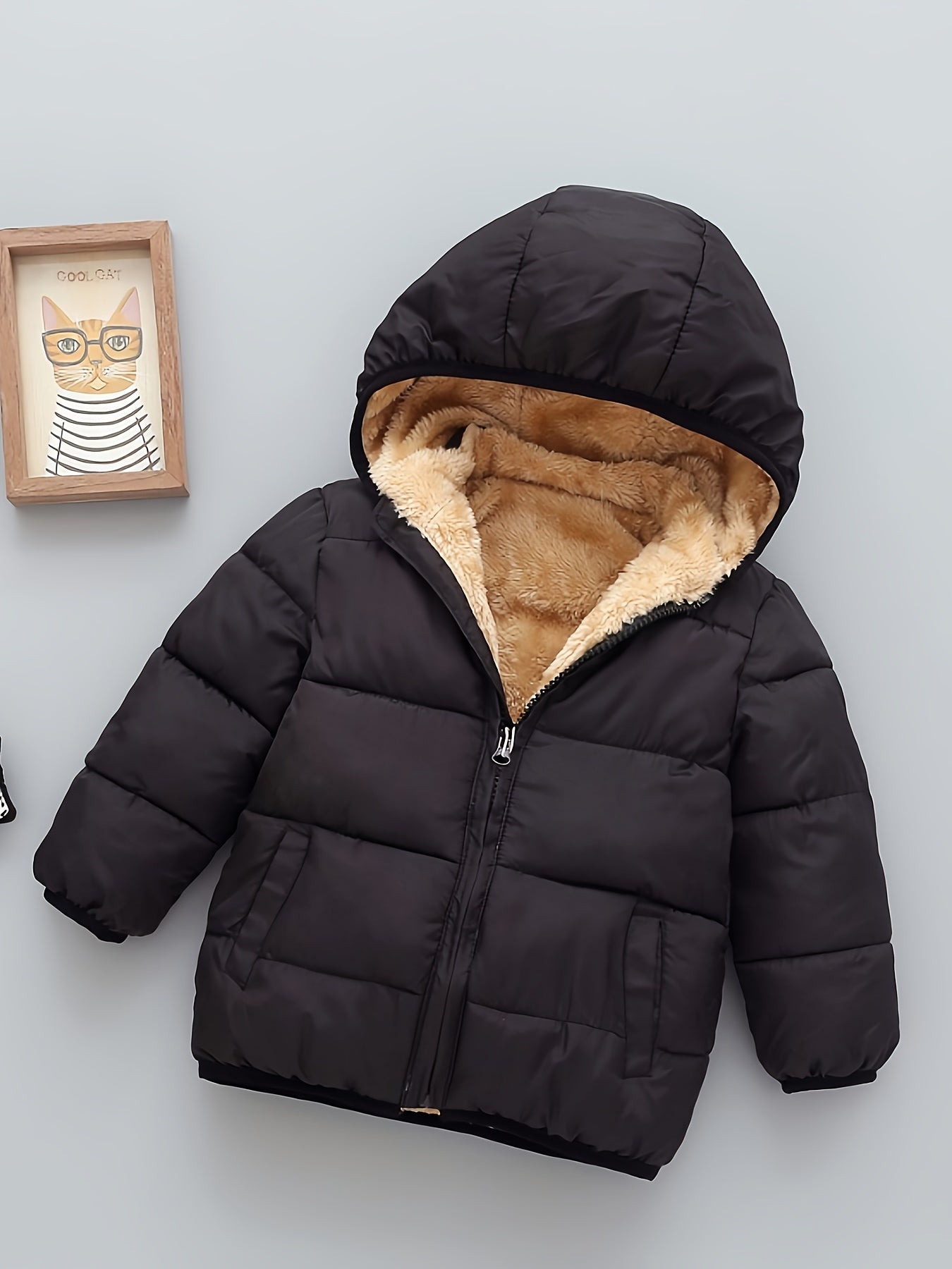 Kid's Fleece Lining Padded Jacket With Detachable Hood, Warm Zip Up Coat, Boy's Clothes For Winter Outdoor, As Gift