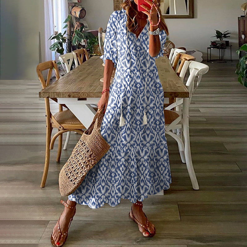 vmtvr - Women'S Half Sleeve Floral Print V Neck Casual Geometric Maxi Dress