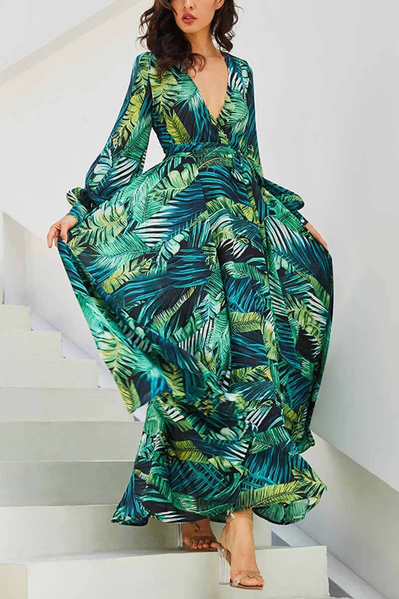 vmtvr - V-Neck Leaf Print Maxi Dress