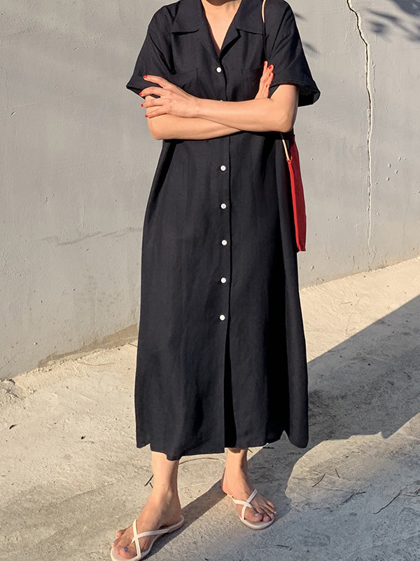 vmtvr - Vintage Solid Color Short Sleeve Loose Casual Midi Dress
