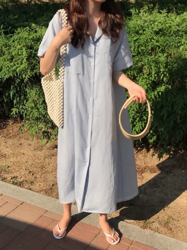 vmtvr - Vintage Solid Color Short Sleeve Loose Casual Midi Dress