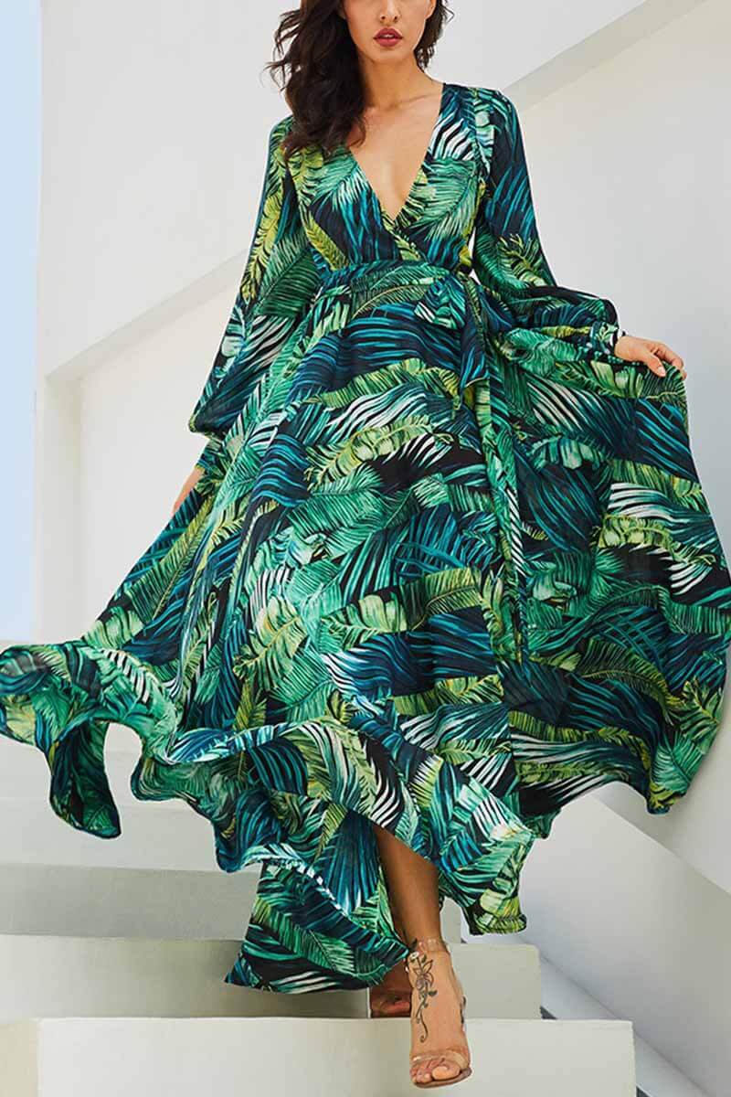 vmtvr - V-Neck Leaf Print Maxi Dress