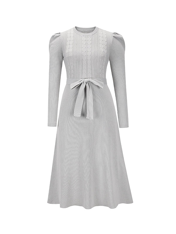 vmtvr - High Waisted Long Sleeves Solid Color Tied Waist Round-Neck Midi Dresses Sweater Dresses