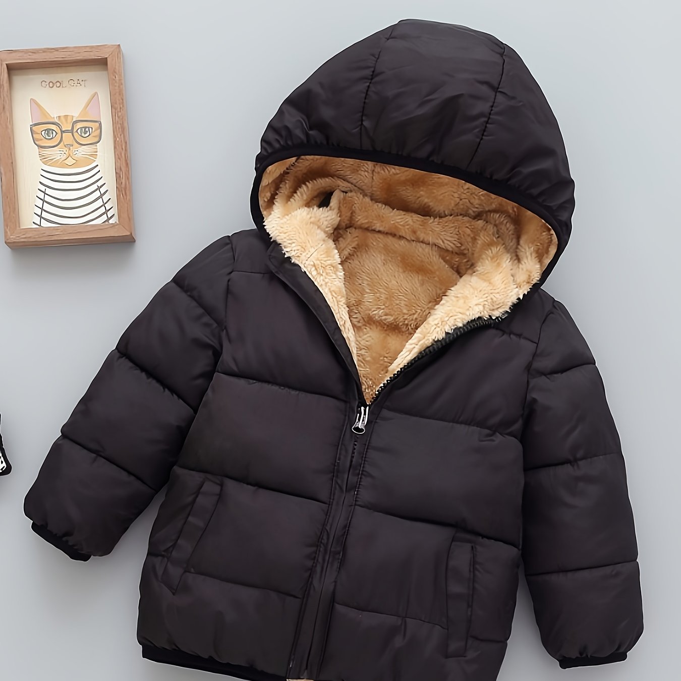 Kid's Fleece Lining Padded Jacket With Detachable Hood, Warm Zip Up Coat, Boy's Clothes For Winter Outdoor, As Gift