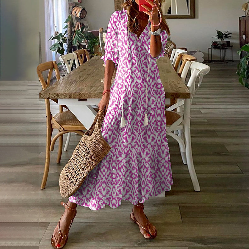 vmtvr - Women'S Half Sleeve Floral Print V Neck Casual Geometric Maxi Dress