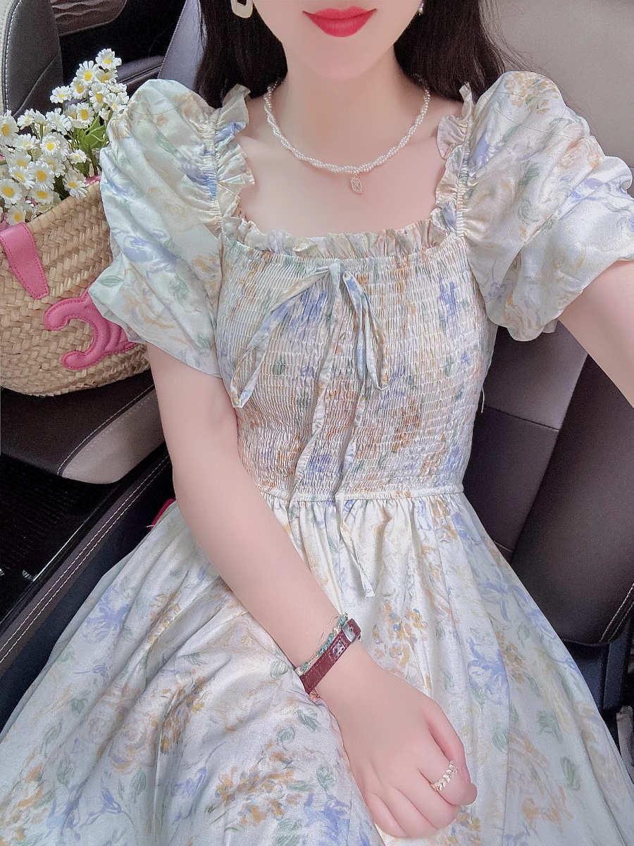 - Puff Sleeve Bow Tie Chiffon Floral Long Dress GEU1565