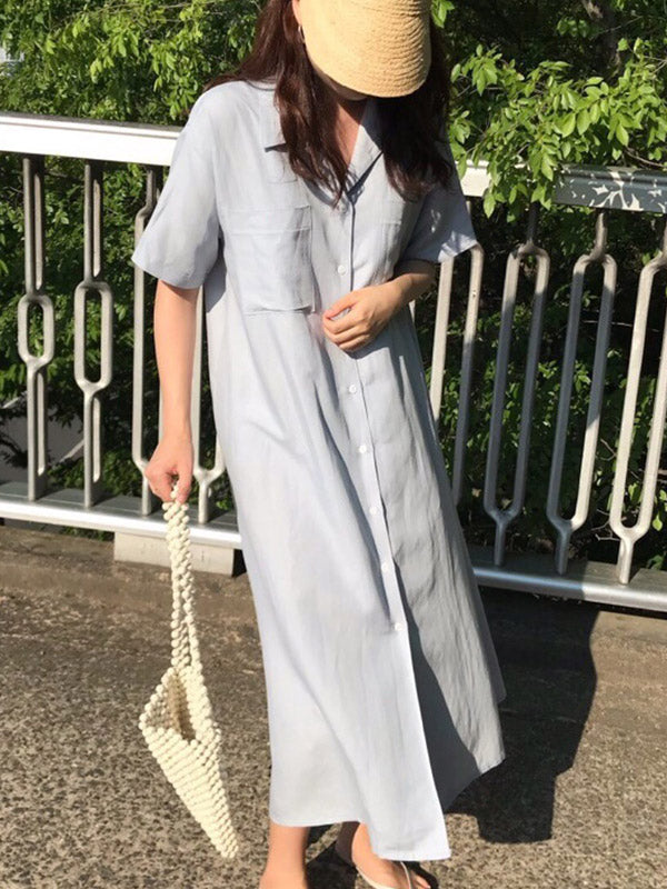 vmtvr - Vintage Solid Color Short Sleeve Loose Casual Midi Dress