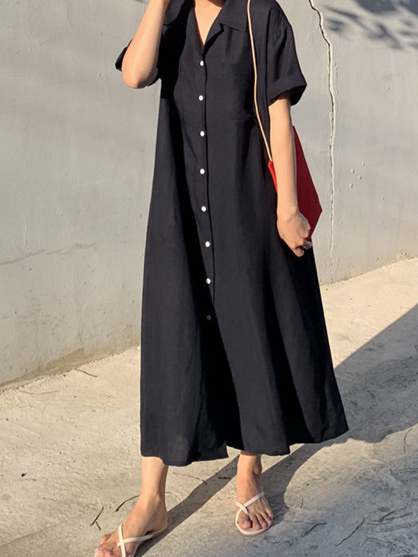 vmtvr - Vintage Solid Color Short Sleeve Loose Casual Midi Dress