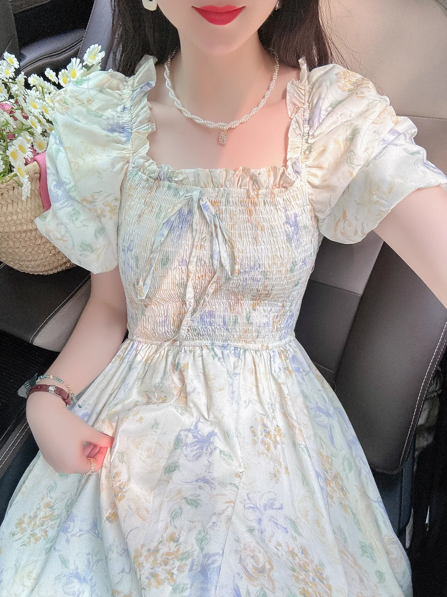 - Puff Sleeve Bow Tie Chiffon Floral Long Dress GEU1565