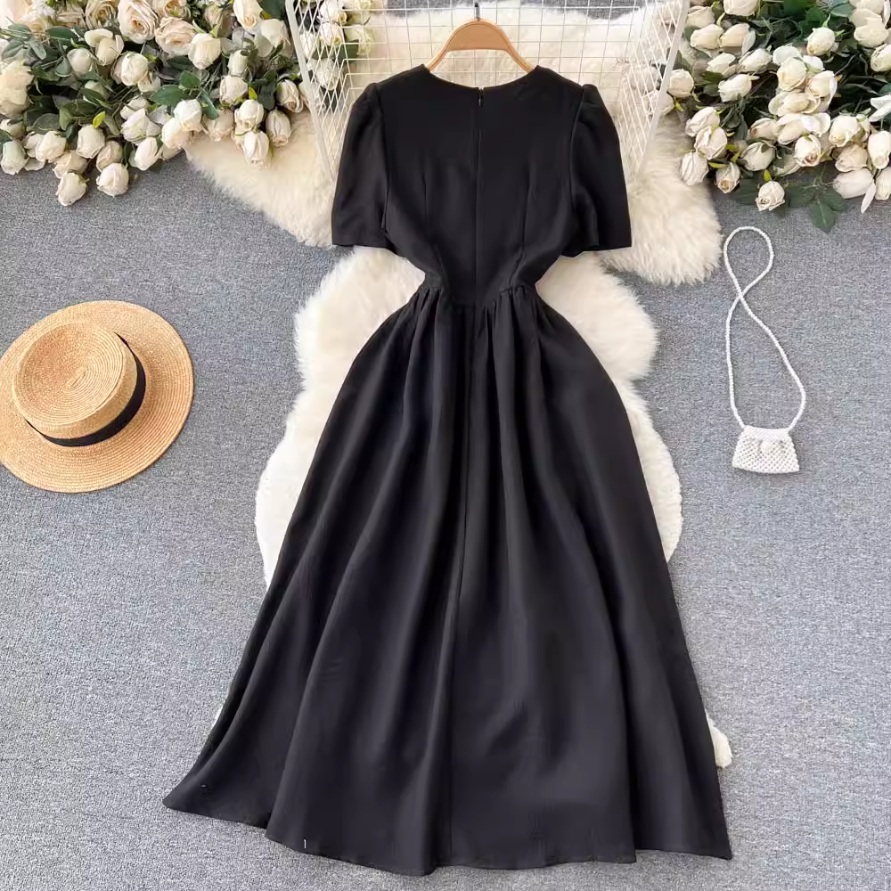 - New summer dress black short sleeve long dress GEU1184
