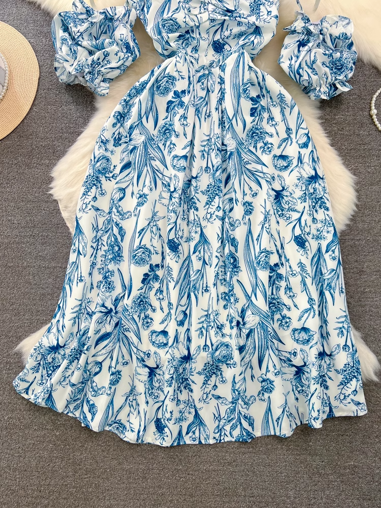 - Beach dress seaside vacation a-line floral suspender dress GEU874