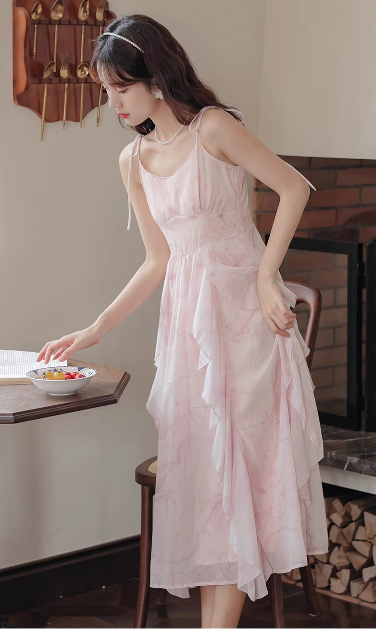 - Pink ruffled chiffon suspender dress for women summer GEU1188