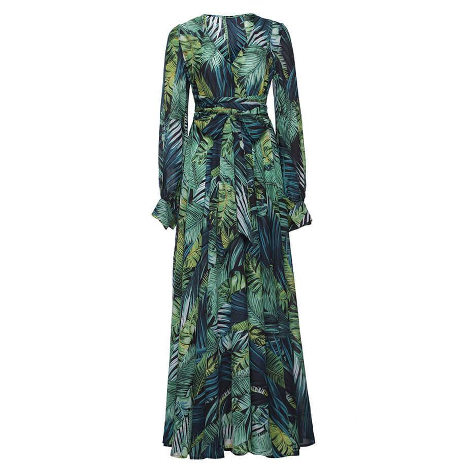 vmtvr - V-Neck Leaf Print Maxi Dress