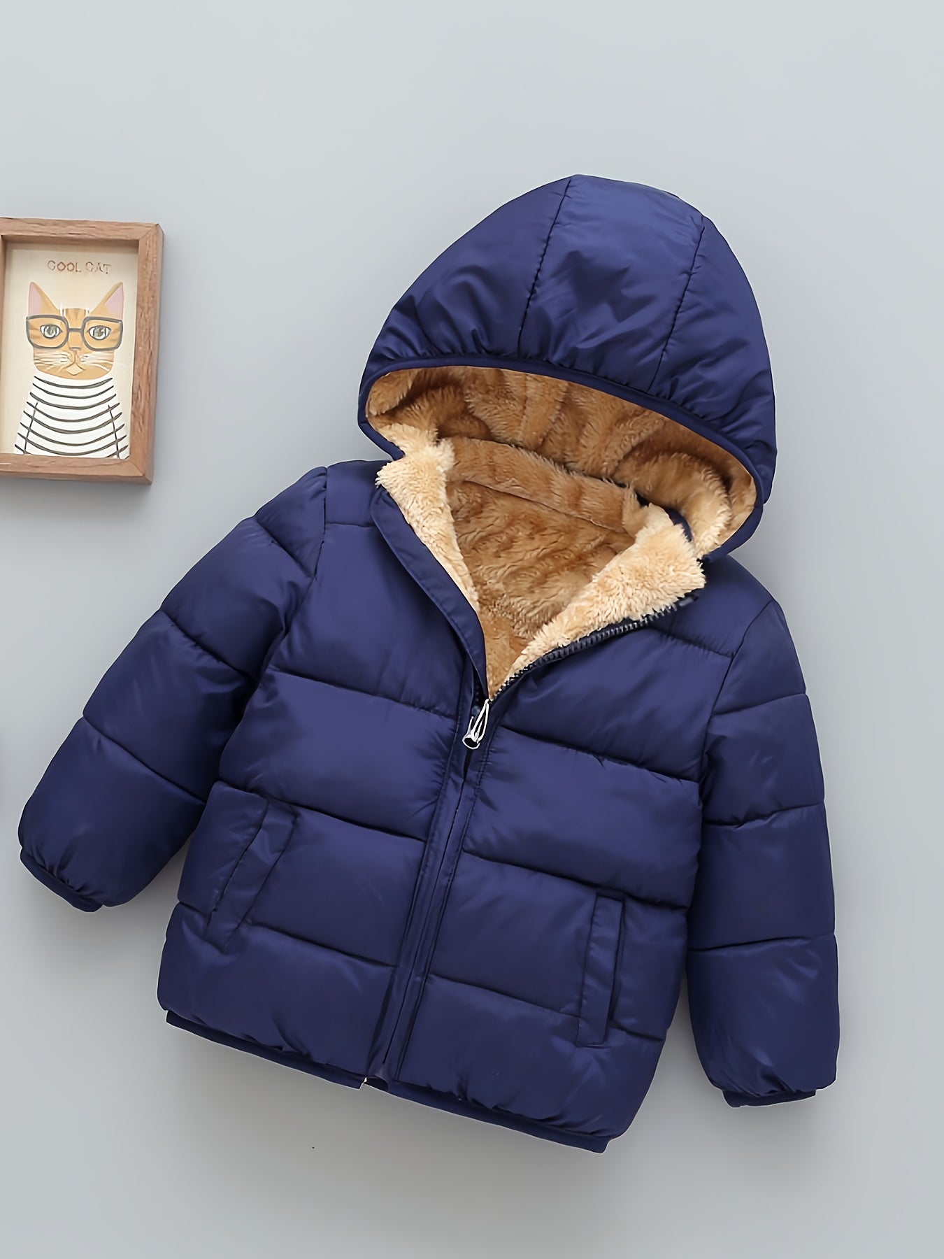 Kid's Fleece Lining Padded Jacket With Detachable Hood, Warm Zip Up Coat, Boy's Clothes For Winter Outdoor, As Gift
