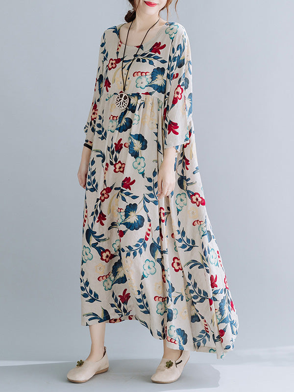 vmtvr - Casual Floral Printed Split-Joint Round-Neck Flared Batwing Sleeves Loose Maxi Dress