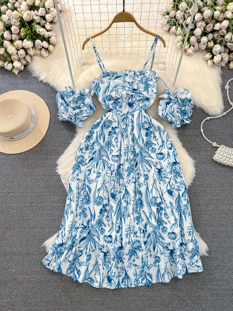 - Beach dress seaside vacation a-line floral suspender dress GEU874