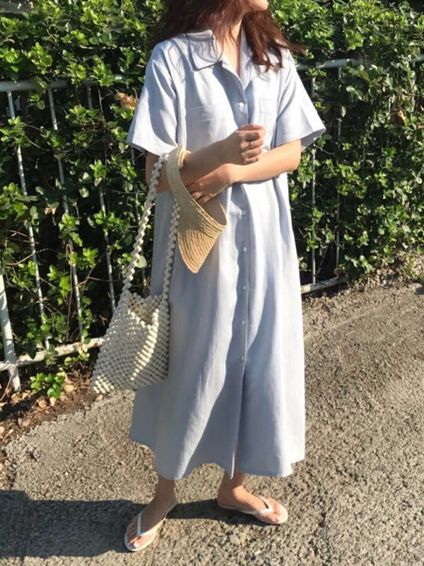vmtvr - Vintage Solid Color Short Sleeve Loose Casual Midi Dress