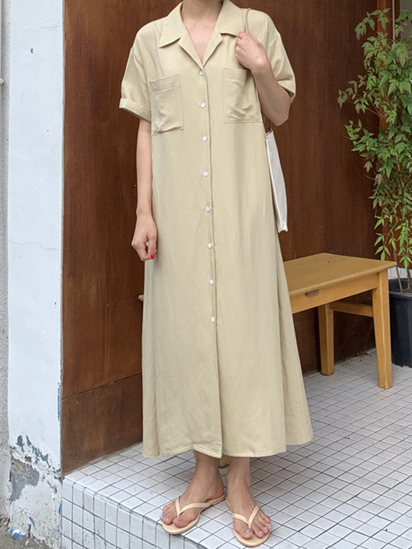 vmtvr - Vintage Solid Color Short Sleeve Loose Casual Midi Dress