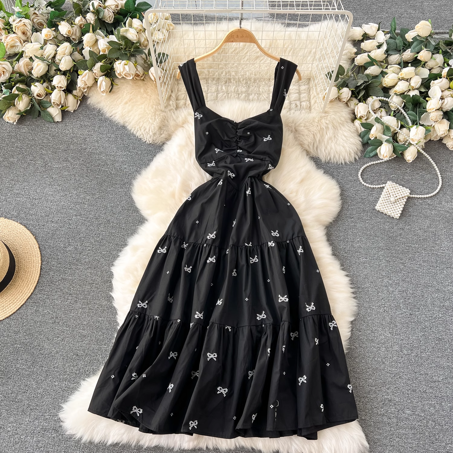 - Embroidered bow tie mid-length resort style suspender dress GEU1203