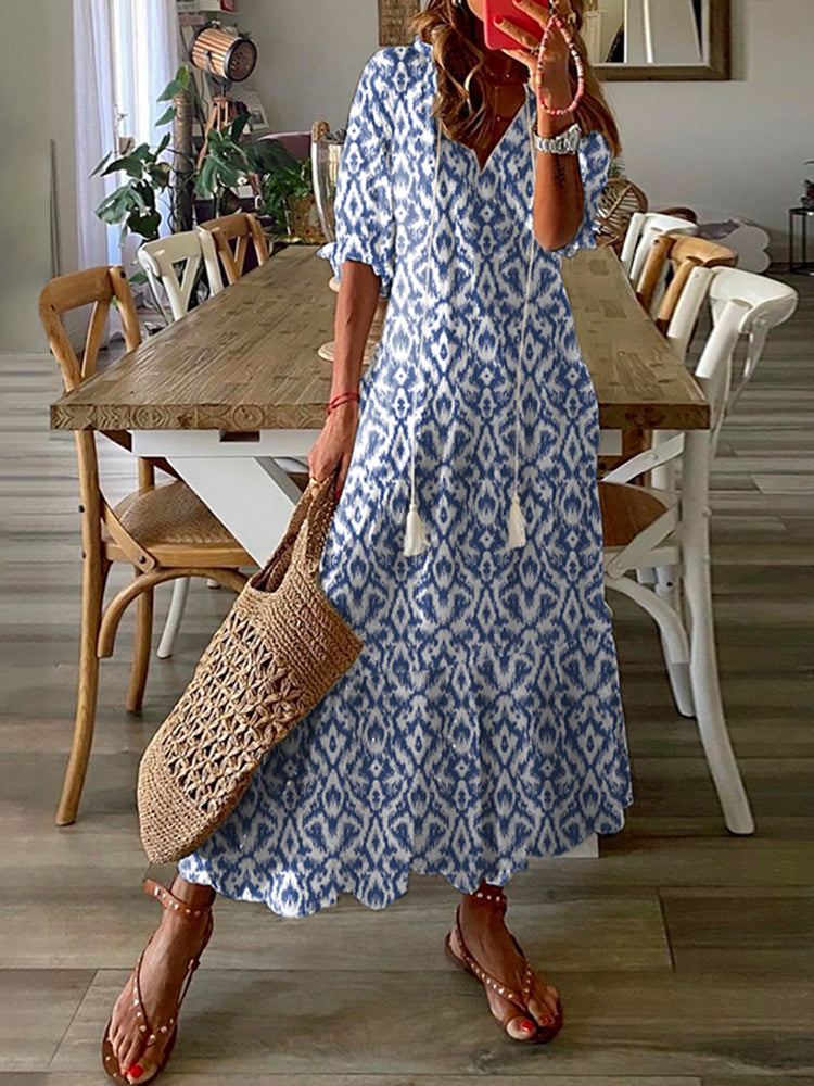 vmtvr - Women'S Half Sleeve Floral Print V Neck Casual Geometric Maxi Dress