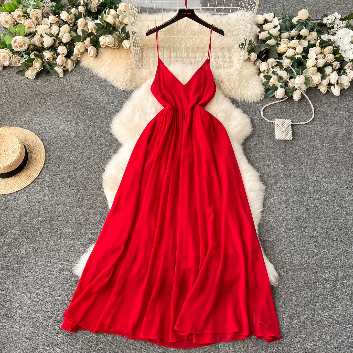 - Red V-neck suspender chiffon long dress GEU1197