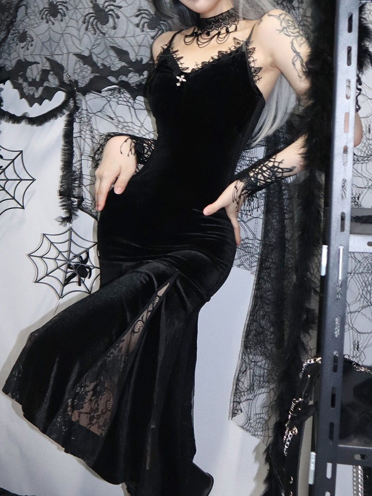 Sexy Spaghetti Strap Backless Velvet Woman Long Dress Gothic Cross Black Lace Patchwork Maxi Robe Harajuku Emo Partywear