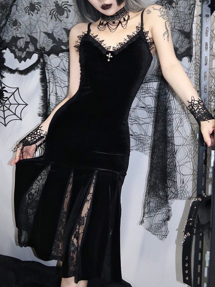 Sexy Spaghetti Strap Backless Velvet Woman Long Dress Gothic Cross Black Lace Patchwork Maxi Robe Harajuku Emo Partywear