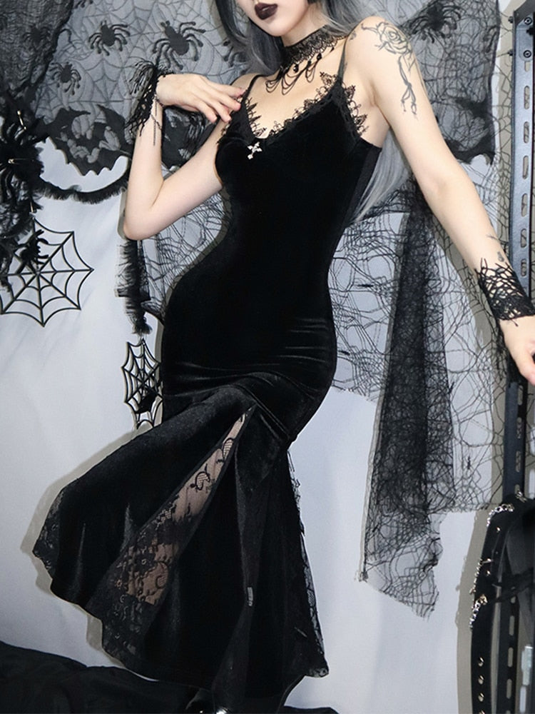 Sexy Spaghetti Strap Backless Velvet Woman Long Dress Gothic Cross Black Lace Patchwork Maxi Robe Harajuku Emo Partywear