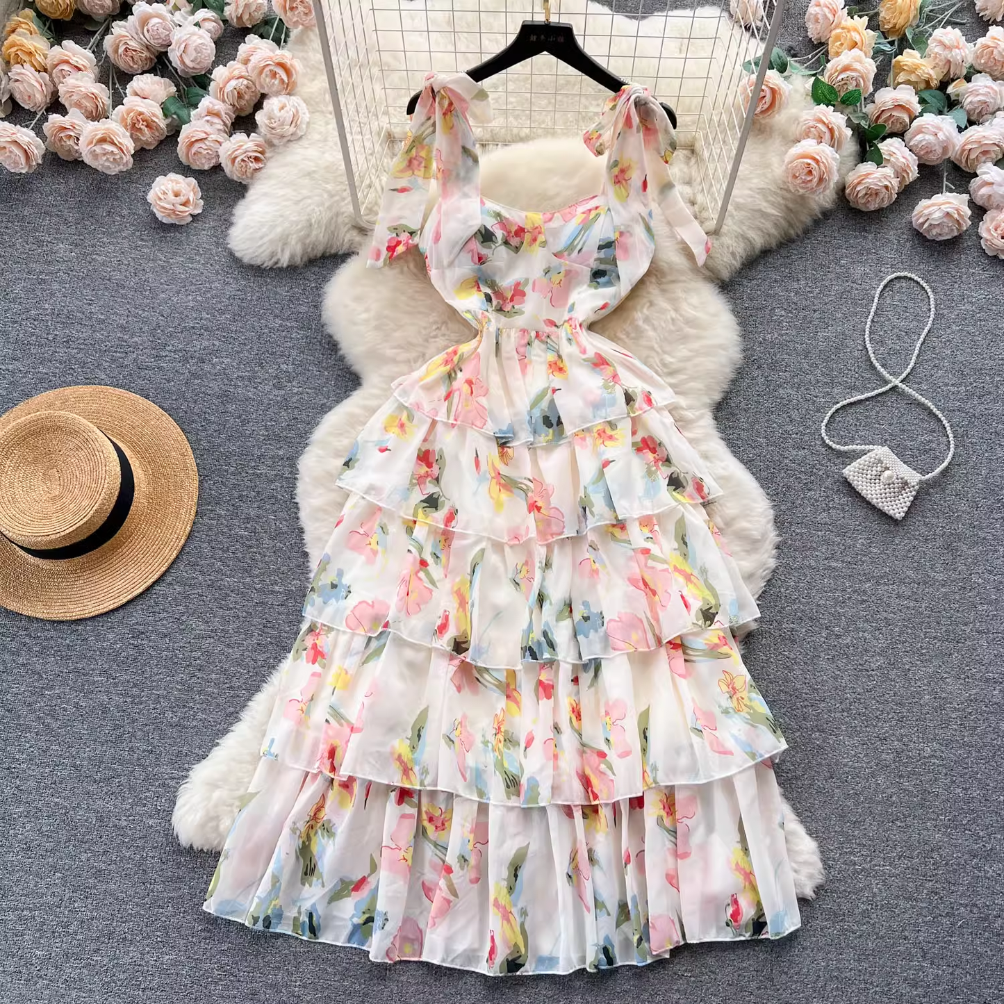 - Women's suspender floral dress summer chiffon dress GEU506