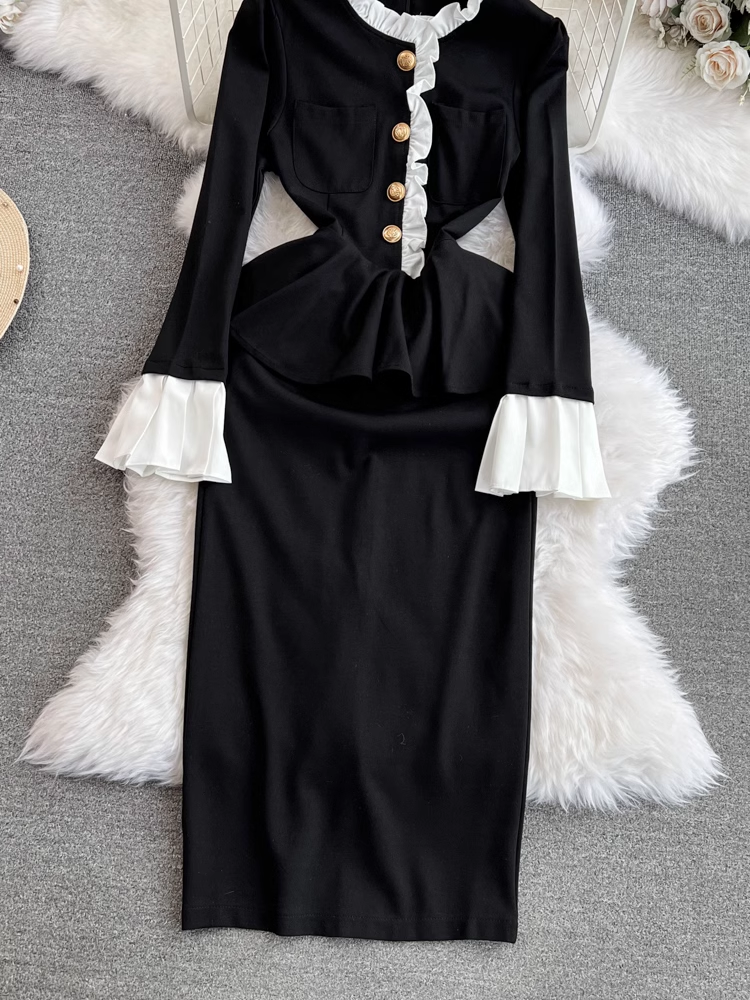 - Flared long-sleeve stand-up collar waist bodycon dress GEU991
