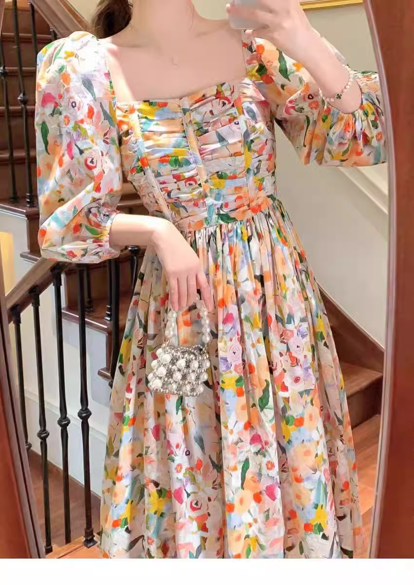 - Retro Chic Floral Puff Sleeve Dress for Women Summer GEU1133