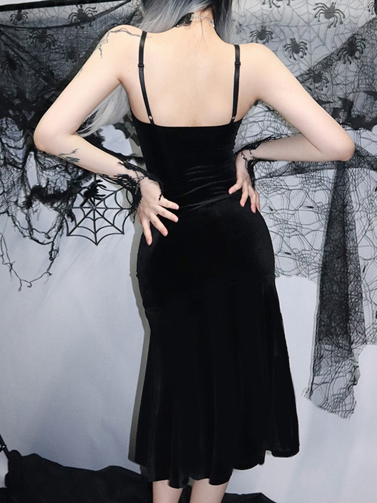 Sexy Spaghetti Strap Backless Velvet Woman Long Dress Gothic Cross Black Lace Patchwork Maxi Robe Harajuku Emo Partywear