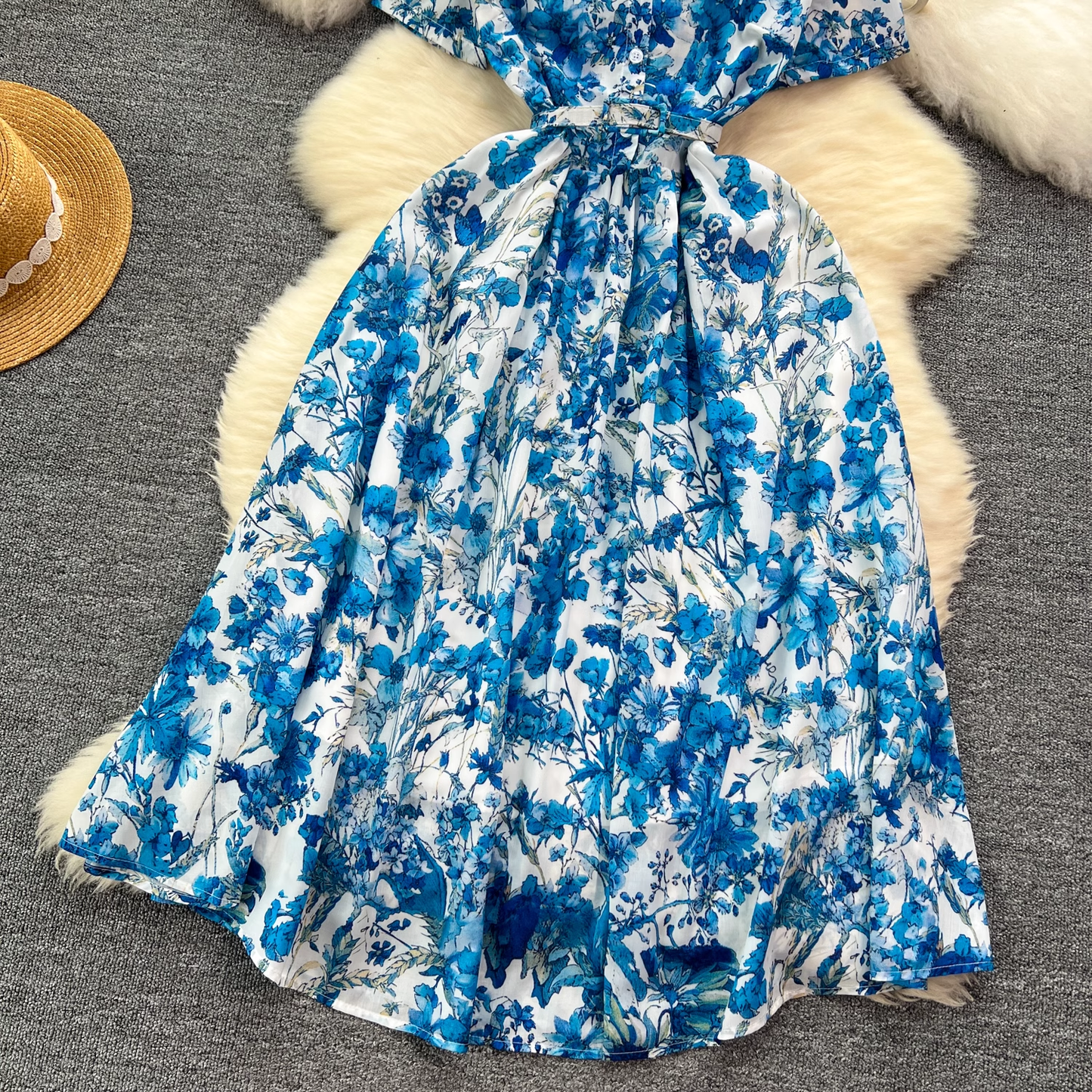 - Summer new retro elegant fashionable printed short-sleeved long dress GEU1117