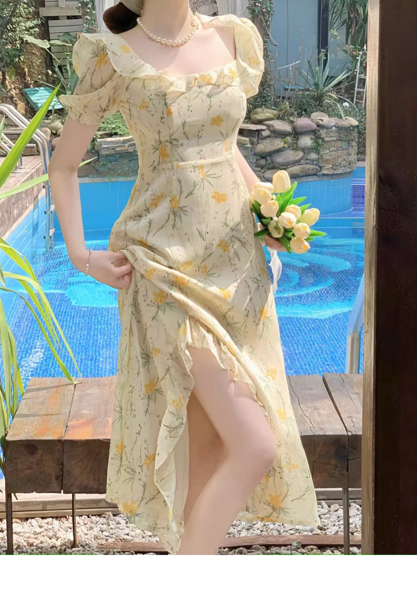- Beach vacation yellow floral puff sleeve dress for women summer GEU1132
