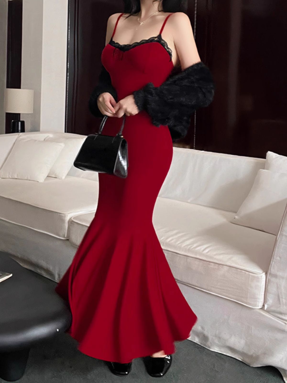 - Retro red suspender mermaid dress GEU923