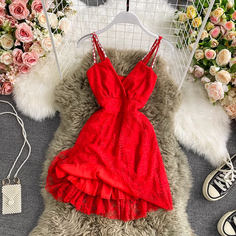 - Trendy A-line Lace Short Dress GEU593
