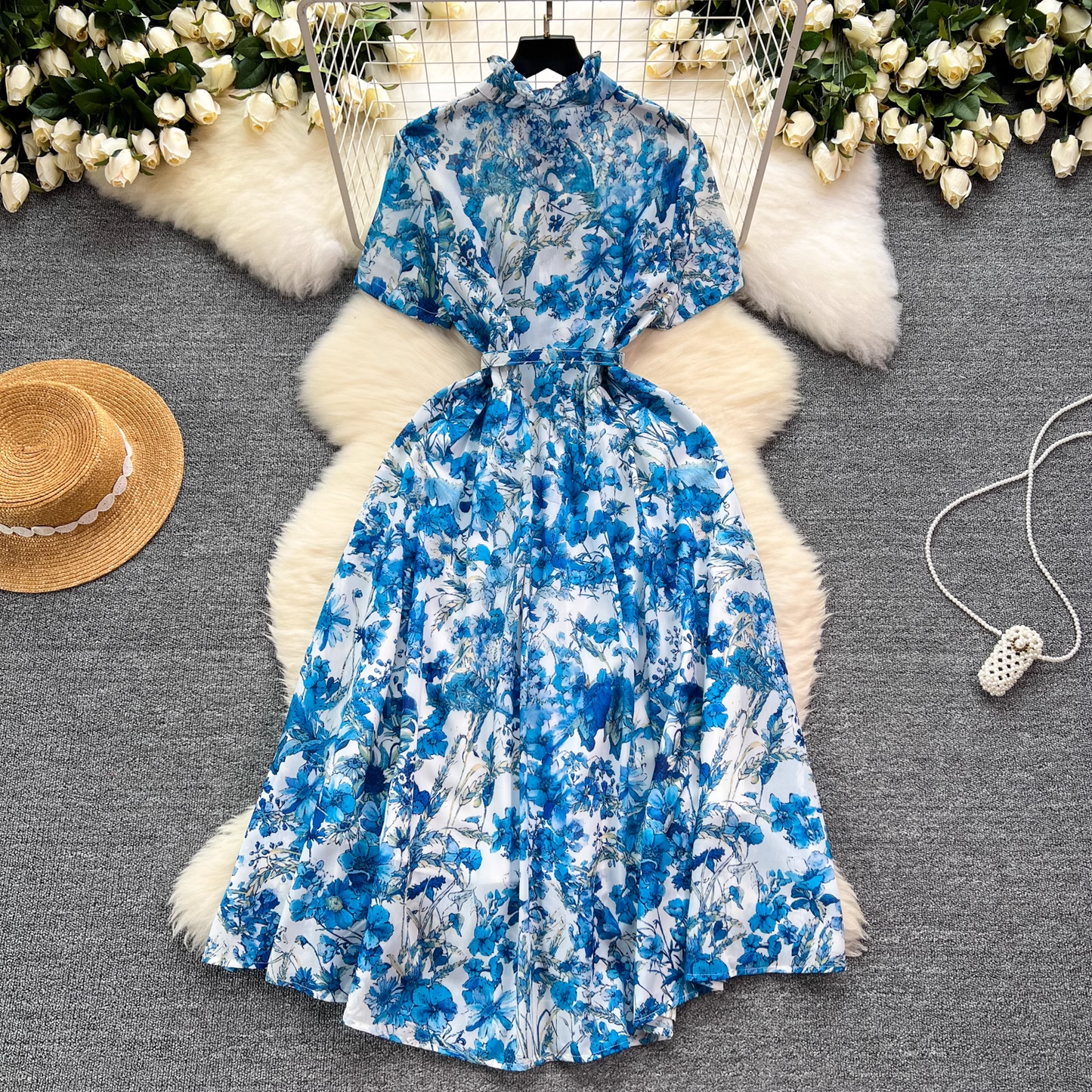 - Summer new retro elegant fashionable printed short-sleeved long dress GEU1117