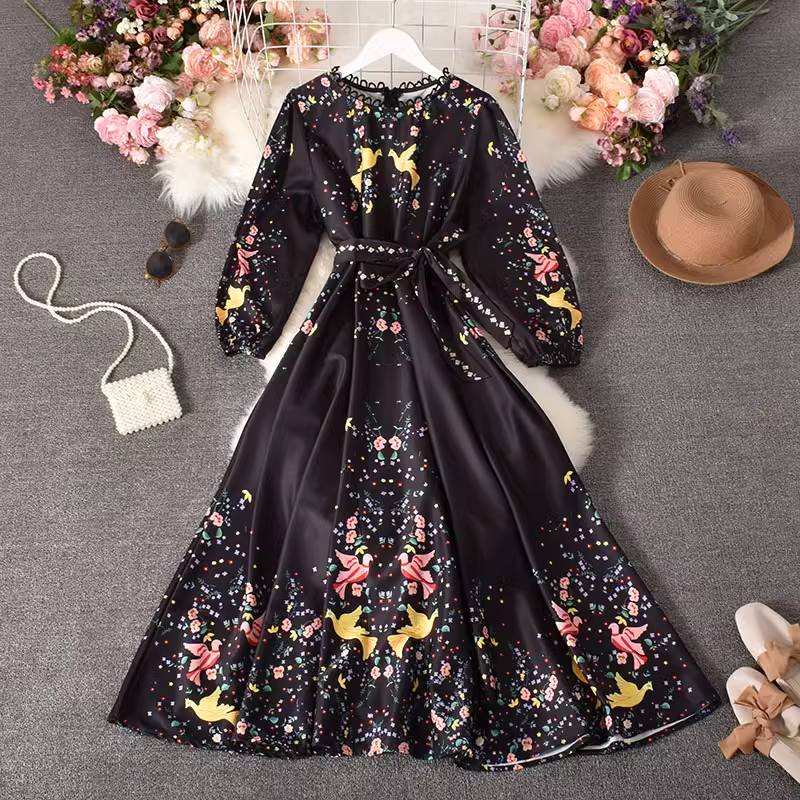 - Chiffon floral long skirt puff sleeve dress GEU531